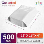 ABC PACK & SUPPLY White Gusseted Poly Mailers, 13 x 16 x 4 Inch. Pack of 500 Expansion Poly Mailers Bags. Shipping Envelopes for Clothing, 2.5 Mil. Plastic Shipping Bags Self Seal. Mailing Packages