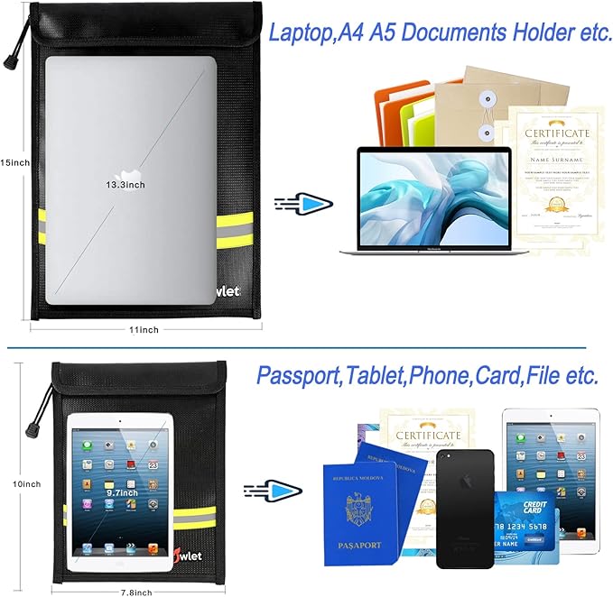 Fireproof Waterproof Money Document Bag - 2 Pack Safe Upgraded Zipper Bags, Fire & Water Resistant Storage Organizer Pouch for A4 A5 Documents Holder,File,Cash,Jewelry,Passport,Tablet,Laptop (Black)