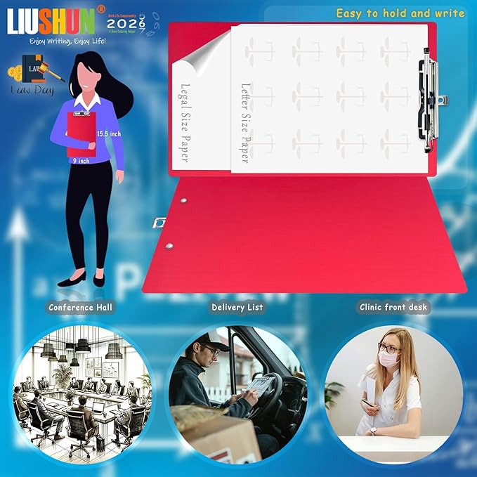 Legal Aluminum Clipboard Metal w/Stainless Hangable Pen Holder Writing Low Profile Large Clip Board 9" x 15.5" Message Tabletop for Lawers Office Business Workshop Factory Supplies (Red, Legal)