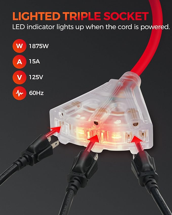 Retractable Extension Cord Reel, 40 FT Heavy Duty Power Cord, 12AWG/3C SJTOW, 3 Grounded Outlets Lighted Triple Tap, 15 Amp Circuit Breaker, UL Listed, Red R40CR06