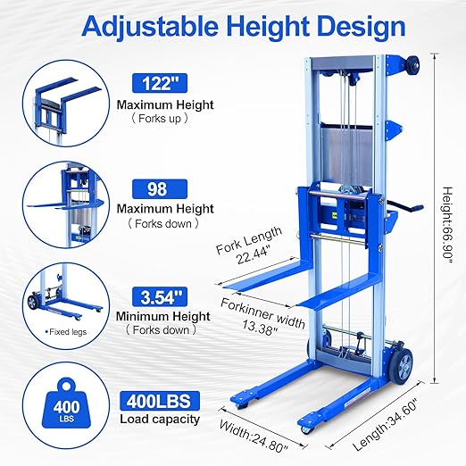 122" 400lbs Material Lift Winch Stacker, Hand Winch Lift Truck with Fixed-Leg, Manual Material Lifter Pallet Stacker for Contractor, Workshop, Industrial, 34.60" L x 24.80" W