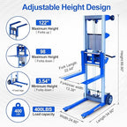 122" 400lbs Material Lift Winch Stacker, Hand Winch Lift Truck with Fixed-Leg, Manual Material Lifter Pallet Stacker for Contractor, Workshop, Industrial, 34.60" L x 24.80" W