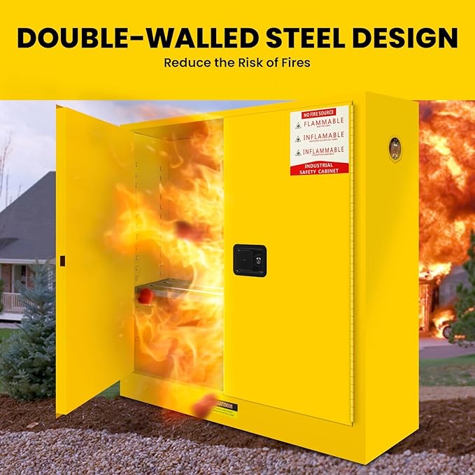 60 Gallon Yellow Flammable Storage Cabinet, Fireproof Steel Chemical Storage Locker with Adjustable Shelves, for Flammable Liquids, Industrial Use, Free Returns!