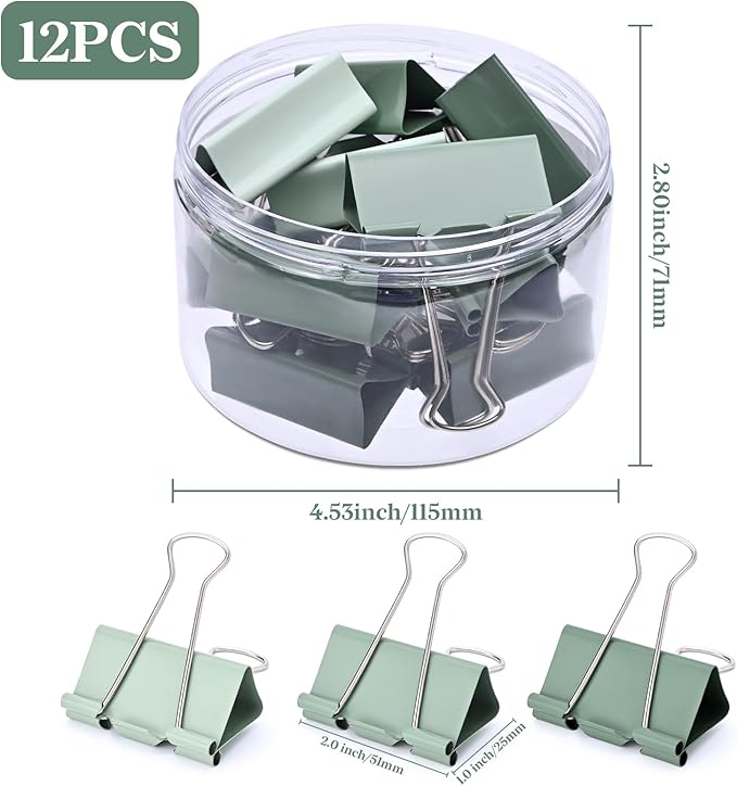 Temiary Aesthetic Binder Clips, 12 Pcs 2 Inches Small Metal Binder Clip with Clear Storage Container, Binding Paperwork Clamps for School Teachers Office Supplies (Green)