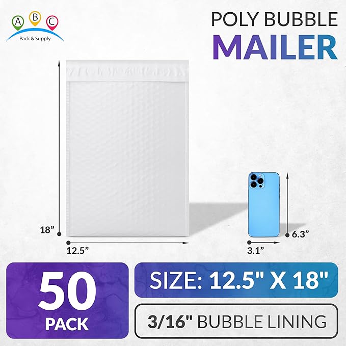 ABC PACK & SUPPLY Poly Bubble Mailers, 12.5 x 18 Inch. Pack of 50 White Padded Envelopes Self Seal. Tear-Proof Gift Bubble Envelopes. Waterproof Packaging for Small Business. Cushioning Book Mailers