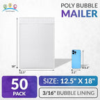 ABC PACK & SUPPLY Poly Bubble Mailers, 12.5 x 18 Inch. Pack of 50 White Padded Envelopes Self Seal. Tear-Proof Gift Bubble Envelopes. Waterproof Packaging for Small Business. Cushioning Book Mailers