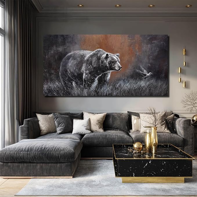 ZHENGYIN Extra Wide Panoramic Bear Canvas Wall Art,Black and White Wildlife Artwork, Earth Tone Background, Modern Rustic Wall Decor for Great Room Living Room, Over Sectional, 29x58 Inch