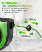 Retractable Cord Reel, 75 FT Heavy Duty Extension Cord, 14AWG/3C SJTOW, 3 Grounded Outlets Lighted Triple Tap, 10A Circuit Breaker, Wall/Ceiling Mounted, UL Listed, Green J75CR06