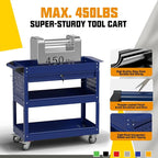 3 Tier Rolling Tool Cart on Wheels, 450 LBS Capacity Tool Cart with Drawers, Heavy Duty Rolling Utility Cart on Wheels, Rolling Tool Work Carts for Garage, Warehouse and Repair Shop,Blue