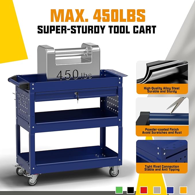 3 Tier Rolling Tool Cart on Wheels, 450 LBS Capacity Tool Cart with Drawers, Heavy Duty Rolling Utility Cart on Wheels, Rolling Tool Work Carts for Garage, Warehouse and Repair Shop,Blue
