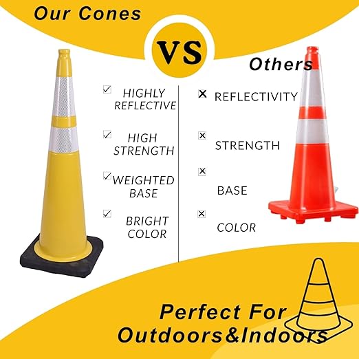 BESEA 6Pack 36” inch Traffic Cones Yellow Road Parking Cones Construction Safety Cone Structurally Stable for Traffic Control(Yellow Color)