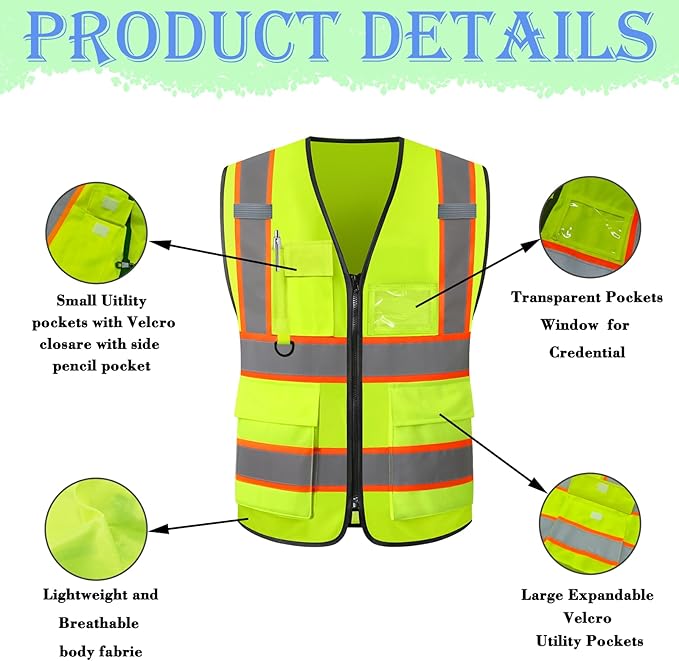 Custom Safety Vest with Logo Personalized High Visibility Vest Reflective for Men with Pockets Zipper Construction Workwear
