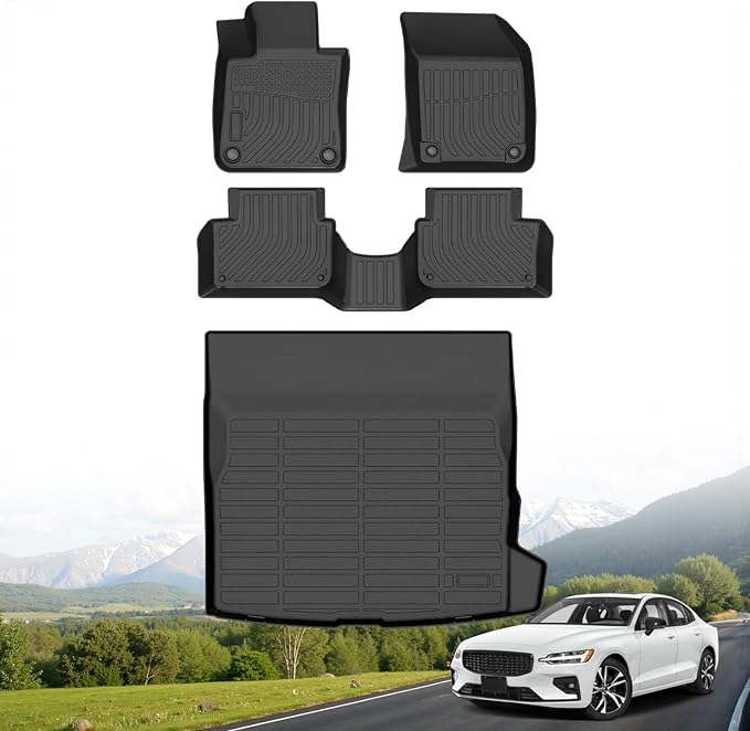 Hutisya-Floor Mats & Cargo Liner Set Fit for Volvo S60 (Not for Recharge) 2019-2025 All Weather Protection Anti-Slip & Durable TPE Full Set Liners Automotive Accessories-Black