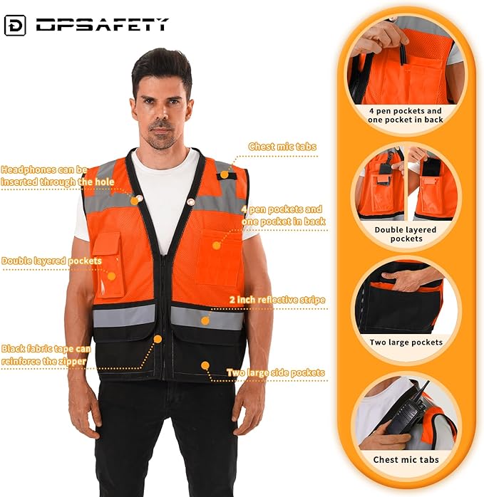 Reflective Safety vest With back plan pocket,High visibility Class 2 Heavy Duty Surveyor Vest with Zipper,Hi Vis Construction Work Vest for Men＆Women ANSI/ISEA(Orange-Bottom,2XL)