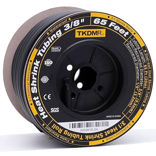 TKDMR 65 Ft 3/8" Heat Shrink Tubing - 3:1 Ratio Marine Grade Heat Shrink,Wire Cable Adhesive Lined Tube Insulation Seal Against Moisture Corrosion and Air Leakage.Black
