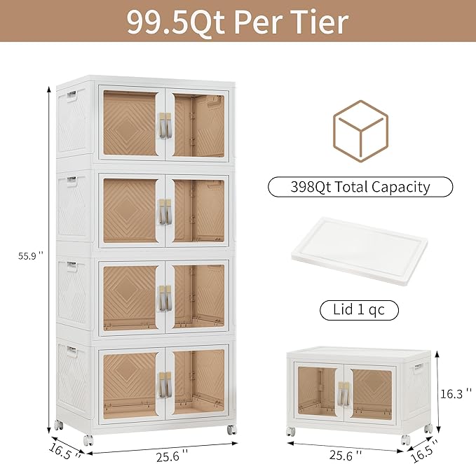 Large Clear Stackable Storage Bins with Lids, 398QT-99.5QT*4Tier Foldable Cabinet for Closet Organizers, Plastic Storage Box with Wheels White