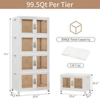 Large Clear Stackable Storage Bins with Lids, 398QT-99.5QT*4Tier Foldable Cabinet for Closet Organizers, Plastic Storage Box with Wheels White