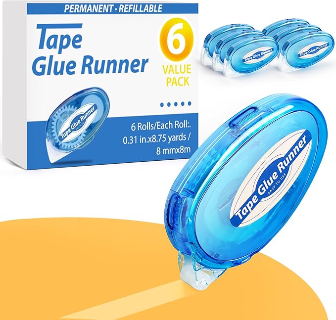 6 Pack Double Sided Tape Roller, 8mm x 315 Inch Permanent Adhesive Scrapbook Tape Dispenser Runner, Glue Tape Roller for Scrapbooking, Crafts and Arts Projects, Photo-Safe, Smooth & Clean