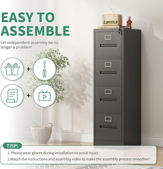 4 Drawer File Cabinet,Black Vertical File Cabinet with Lock for A4/Letter/Legal Size Files,Steel Filing Cabinets for Home Office,Assembly Required
