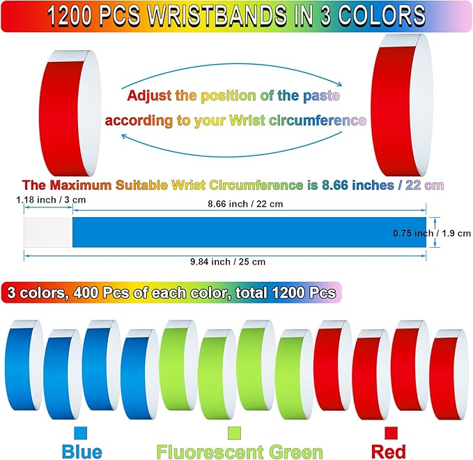 1200 Pcs Plastic Paper Wristbands for Events Neon Color Wrist Bands Concert Identification Wristbands Paper Bracelets Wristbands Party Hand Bands (Red, Fluorescent Green, Blue)