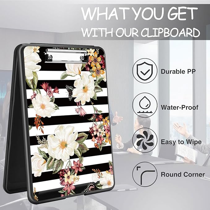 Clipboard with Storage, High Capacity Plastic Storage Clipboard with Low Profile Clip for Women Teachers Work, School & Office Supplies, Cute Pattern Decorative Clipboards, Flower