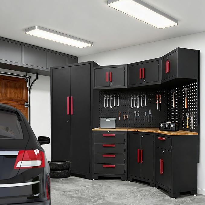 16PCS Corner Garage Storage Cabinet System - Heavy Duty Workshop Set w/Corner Cabinet Includes Workbench, Pegboard & Lockable Drawers | Metal Tool Organization System for Garage/Workshop