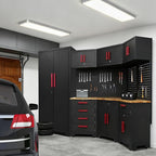 16PCS Corner Garage Storage Cabinet System - Heavy Duty Workshop Set w/Corner Cabinet Includes Workbench, Pegboard & Lockable Drawers | Metal Tool Organization System for Garage/Workshop