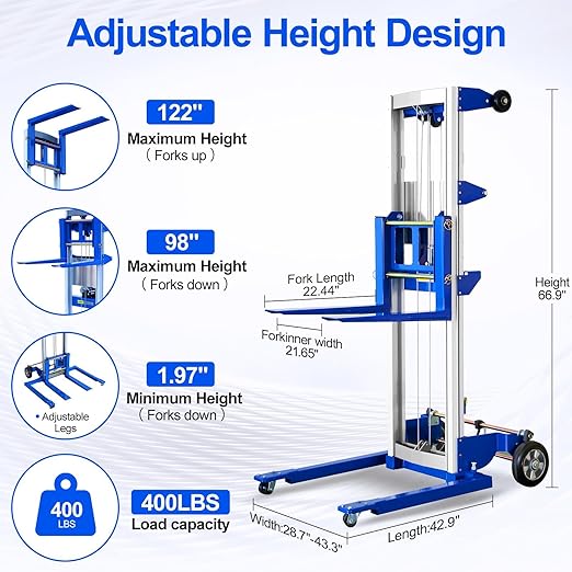 122" 400lbs Material Lift Winch Stacker with Upgrade Winch, Hand Winch Lift Truck with Adjustable Straddle Leg, Manual Material Lifter Pallet Stacker for Contractor, Workshop, Industrial