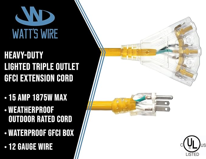 10 ft GFCI Extension Cord - Outdoor Extension Cord Waterproof - Heavy Duty Outdoor Extension Cords 10 ft with Multiple Outlets - Watts Wire - 10' Grounded - GFI Cord
