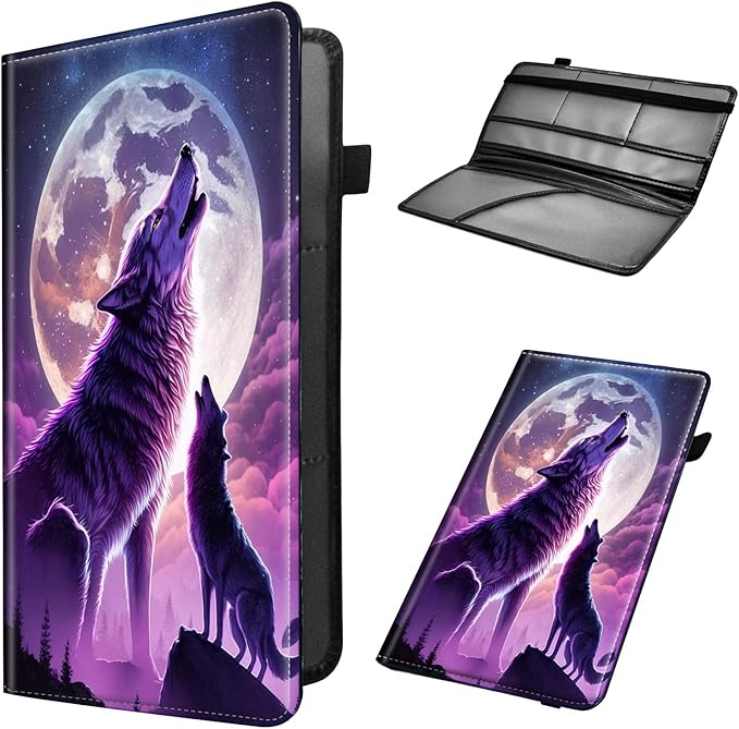 Car Registration and Insurance Holder, Leather Car Glove Box Organizer, Cool Car Accessories for ID, Driver's License Cards & Essential Document, business cards, Men&Women,Cool Wolf Moon