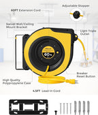 Retractable Cord Reel, 60 FT Heavy Duty Extension Cord, 12AWG/3C SJTOW, 3 Grounded Outlets Lighted Triple Tap, 15A Circuit Breaker, Wall/Ceiling Mounted, UL Listed, Yellow Y60CR06
