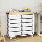 10 Drawers Rolling Cart with Wooden Tabletop, Utility Storage Cart with Wheels, Art Supply Craft Organizer on Wheel with Metal Frame & Handles for Home Office School (Pure White)