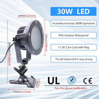 Clip Floodlight 30W LED Work Light IP65 Waterproof 300W Equivalent 11.5ft 3.5m Cord with Plug Lights for Workshop Garage, Construction Site Applicable to Various environments (30W Warm White)