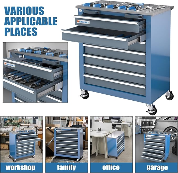 LARBANKE 7-Drawer Rolling Tool Chest with Stainless Steel Countertop,Tool Chest with Secure Locking System,Tool Cabinet with 360°Wheels and Padded Feet,for Home, Garage and Office
