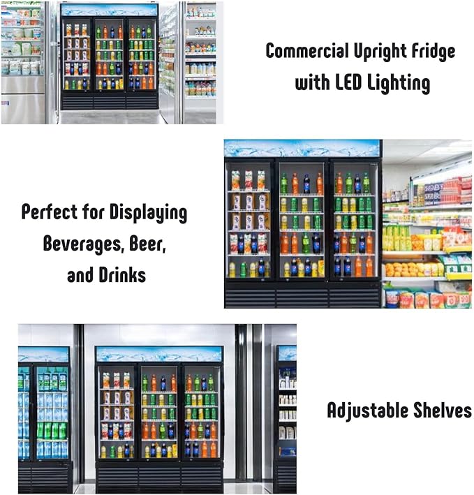 Merchandiser Refrigerator 3 Glass Door, 56 cu ft Beverage Display Cooler, Commercial Upright Fridge with LED Lighting, Adjustable Shelves for Displaying Beverages, Beer, and Drinks, Black