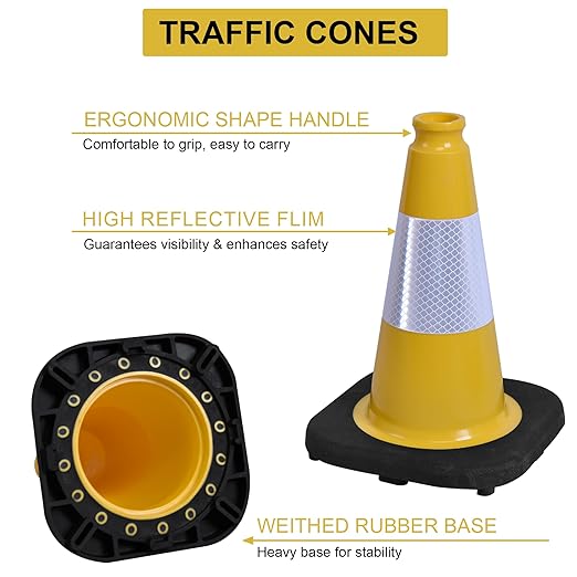 OrangeStar 6-Pack 12" Traffic Cones, Weighted Safety Cones with Reflective Collar for Driving Practice, Sports Training, Parking Lots & Construction, Indoor & Outdoor Use, Yellow