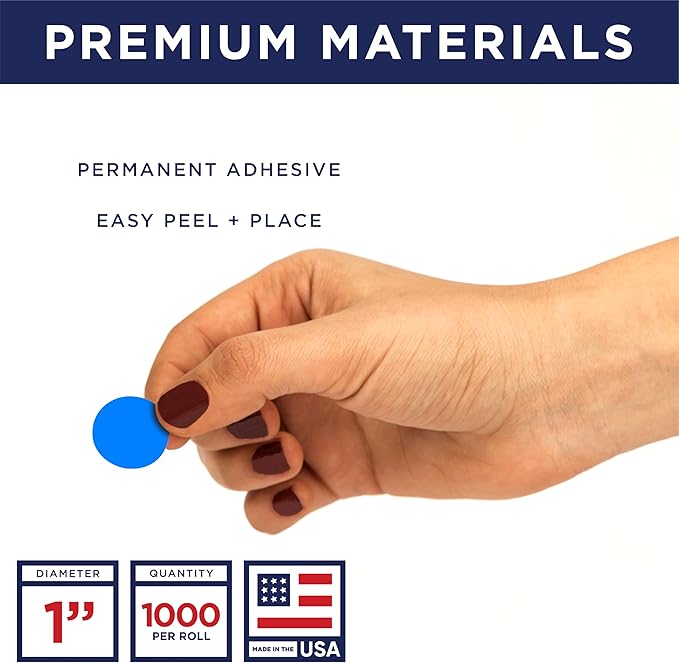 Blue 1-Inch Circle Dot Stickers – 1,000 Round Strong Adhesive Labels per Roll, Colored Stickers for Garage Sale Price Tags, Classroom, Inventory, Office & Yard Sale Supplies, Made in USA