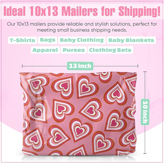 10x13 Poly Mailers – Cute Hearts – Waterproof, Tear-Resistant Shipping Bags with Adhesive Seal – 100 Pack – Package Mint