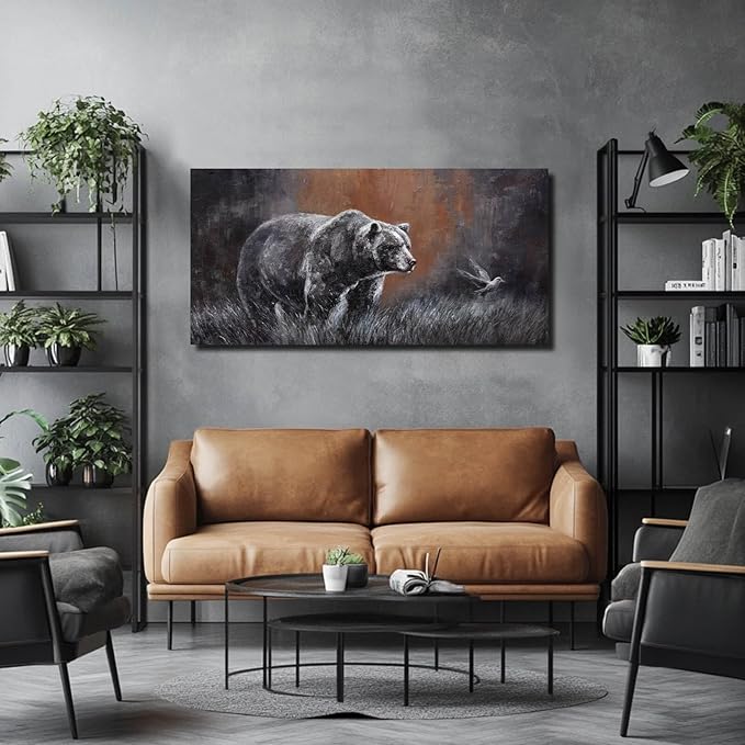 ZHENGYIN Black and White Bear Wall Art,Large Grizzly Wildlife Canvas Print, Bird Accent, Rustic Western Wall Decor for Living Room Office, Above Sofa, 24x48 Inch