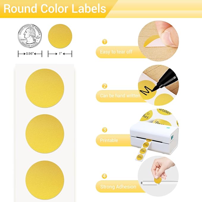 1 Inch Circle Dot Stickers 1000 PCS Color Coding Thermal Labels Dots Writable Printable Small Round Stickers for Office, Classroom, Inventory, Garage, Organizing Storage, Gold