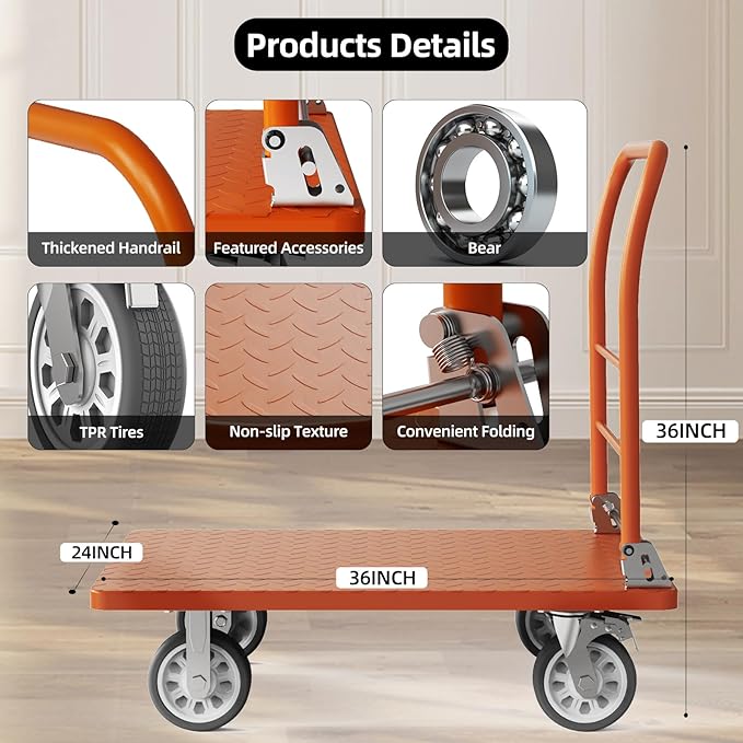 Heavy Duty Platform Truck Cart, Flatbed Cart Folding Hand Trucks, 2200lbs, with 6" Swivel Brake Casters, Foldable for Easy Storage (36" x 24")