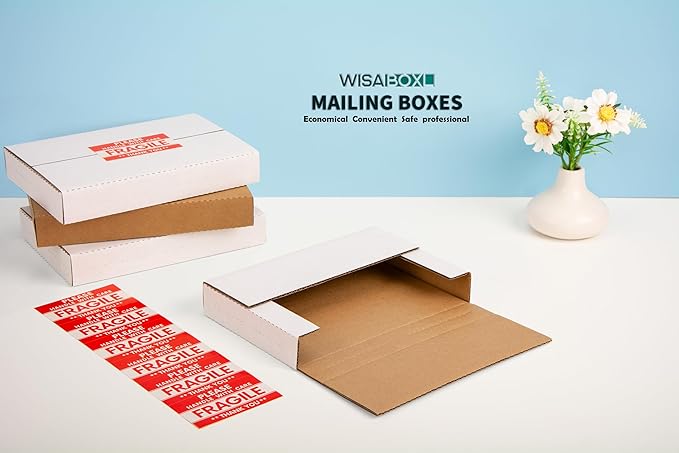 50 Pack 9x6x1.3 inch Shipping Boxes, Easy-Fold Multi-Depth DVD Mailer Box with Fragile Stickers for Mailing, Storing, Package, Gifts, Crafts, Business or Home, White