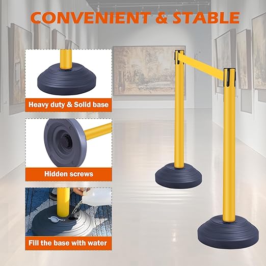 6 Pack Yellow Crowd Control Stanchions with 10FT Retractable Belts, Water Filled Base Posts, Barrier System for Lines, Events, and Public Spaces