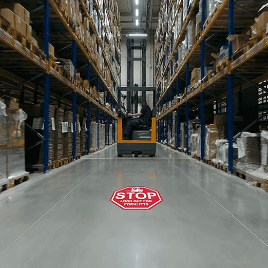 "Stop Look Out for Forklifts" - Laminated Vinyl Floor Sign by Graphical Warehouse - 5S Safety and Security Signage, Visual Communication Tool (12")
