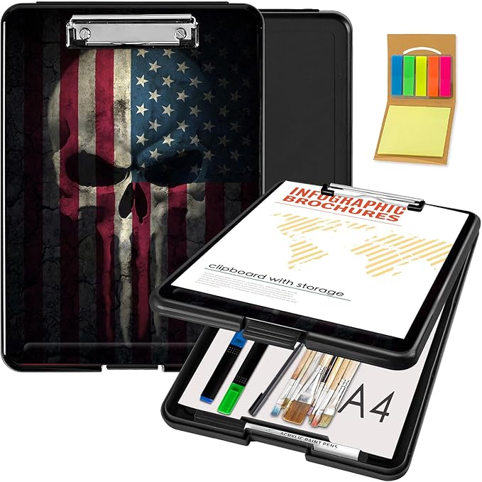 Clipboard with Storage,Office Supplies Nursing Clipboards Folder with Pen Holder Plastic Foldable Clip Board with Storage for Nurse Teacher,Skull Flag