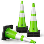 RoadHero 8 Pack Traffic Safety Cones 28 Inch with Black Weighted Base, Plastic PVC Lime Green Cone with Reflective Collar, Cones for Parking Lot, Construction Events, Road Safety