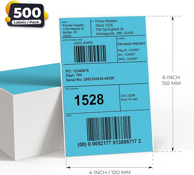 Blue Direct Thermal Labels 4 × 6 Inch Vinyl Self-Adhesive Fanfold Shipping Stickers Waterproof Perforated Printer Decal for Office School Warehouse 500 PCS
