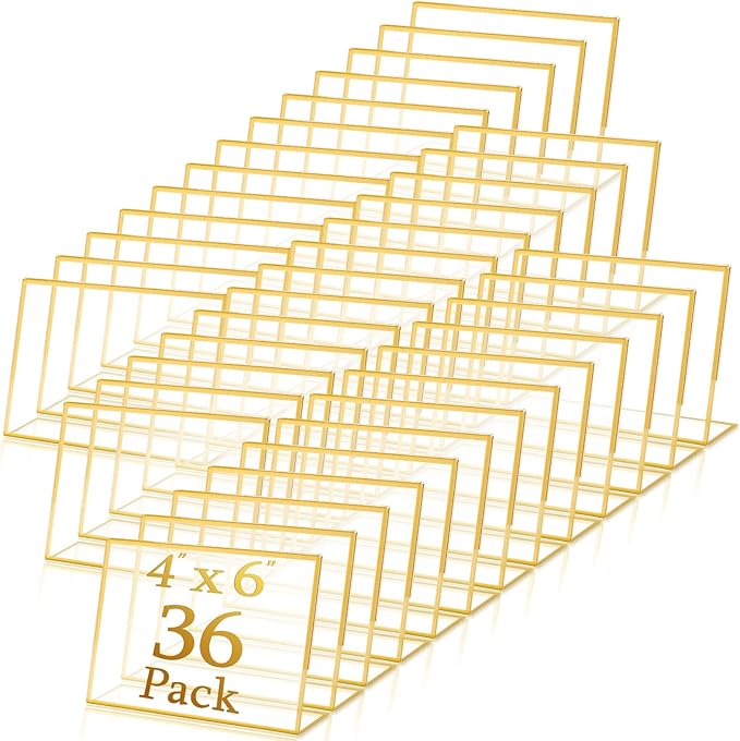 36 Pack Acrylic Sign Holder Gold Frame Table Numbers Slanted Back Menu Display Stand Clear Flyer Document Photo Display Holders Plastic Table Signs for Wedding Office(Horizontal Style,4 x 6 Inch)