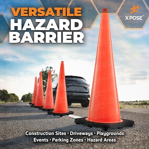 Xpose Safety 36 Inch Orange Traffic Cones Heavy Duty 12lb, 48-Pack - Multipurpose PVC Plastic Safety Cone for Parking, Soccer, Caution, Kids and Construction - DOT Approved