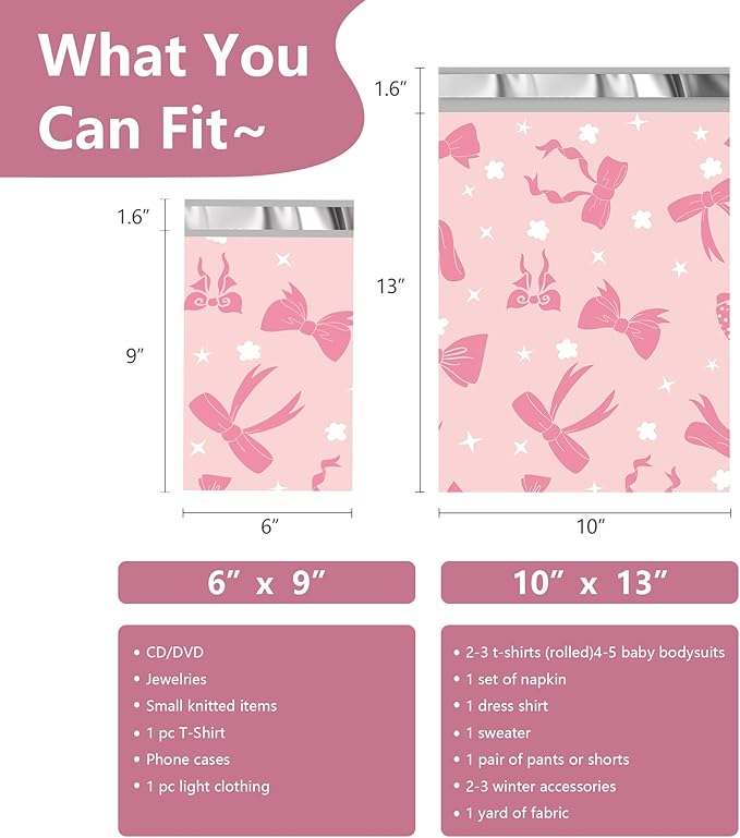 Poly Mailers 10x13 Inch 25 Pcs - Pink Bow printed Shipping Bags, 2.4mil Thickness, Waterproof and Tear Resistant Mailing Envelopes, Self-Sealing Packaging Bags for Small Business